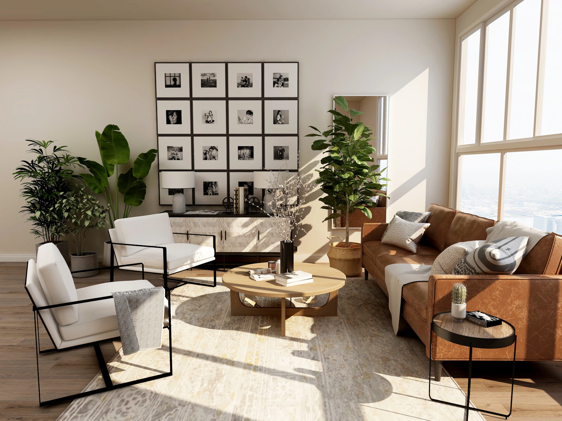 Illustrative airy living room with neutral furnishings